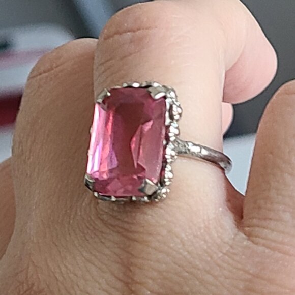 Vintage Boho Antique Sterling Silver Rectangle Pink Topaz Crystal Ring 6 - Picture 2 of 14